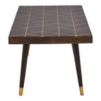 Brown Mango Wood Rectangular Coffee Table with Gold Tip Legs and Geometric Gold Lines on Top, Naro - Joe’s Haven