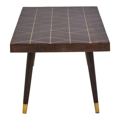 Brown Mango Wood Rectangular Coffee Table with Gold Tip Legs and Geometric Gold Lines on Top, Naro - Joe’s Haven
