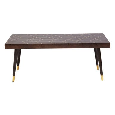 Brown Mango Wood Rectangular Coffee Table with Gold Tip Legs and Geometric Gold Lines on Top, Naro - Joe’s Haven