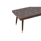 Brown Mango Wood Rectangular Coffee Table with Gold Tip Legs and Geometric Gold Lines on Top, Naro - Joe’s Haven