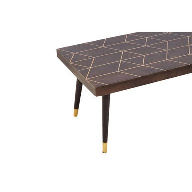 Brown Mango Wood Rectangular Coffee Table with Gold Tip Legs and Geometric Gold Lines on Top, Naro - Joe’s Haven