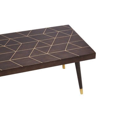 Brown Mango Wood Rectangular Coffee Table with Gold Tip Legs and Geometric Gold Lines on Top, Naro - Joe’s Haven