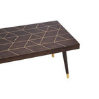 Brown Mango Wood Rectangular Coffee Table with Gold Tip Legs and Geometric Gold Lines on Top, Naro - Joe’s Haven