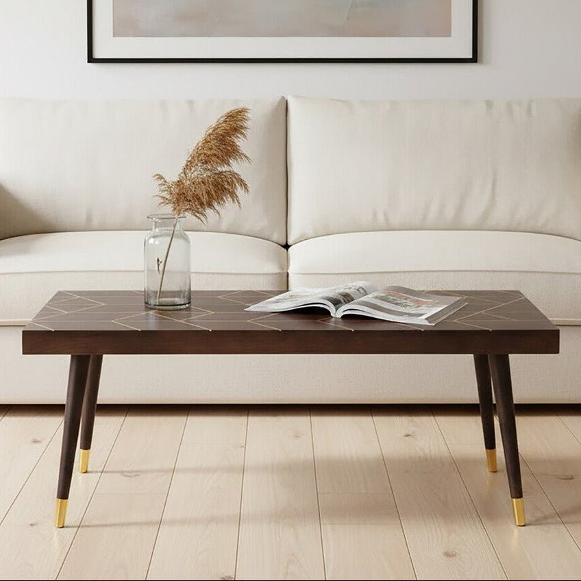 Brown Mango Wood Rectangular Coffee Table with Gold Tip Legs and Geometric Gold Lines on Top, Naro - Joe’s Haven