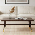 Brown Mango Wood Rectangular Coffee Table with Gold Tip Legs and Geometric Gold Lines on Top, Naro - Joe’s Haven