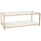 Glass Top Coffee Table with White Terrazzo Effect Shelf and Gold Metal Frame, Novi - Joe’s Haven