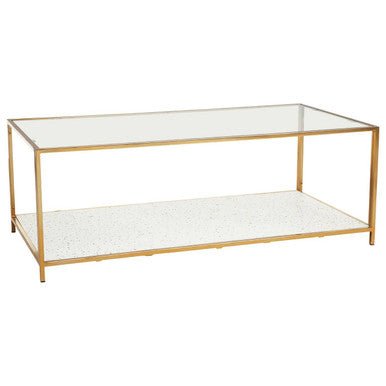 Glass Top Coffee Table with White Terrazzo Effect Shelf and Gold Metal Frame, Novi - Joe’s Haven