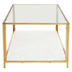 Glass Top Coffee Table with White Terrazzo Effect Shelf and Gold Metal Frame, Novi - Joe’s Haven