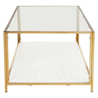 Glass Top Coffee Table with White Terrazzo Effect Shelf and Gold Metal Frame, Novi - Joe’s Haven
