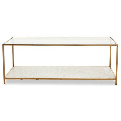 Glass Top Coffee Table with White Terrazzo Effect Shelf and Gold Metal Frame, Novi - Joe’s Haven