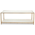 Glass Top Coffee Table with White Terrazzo Effect Shelf and Gold Metal Frame, Novi - Joe’s Haven