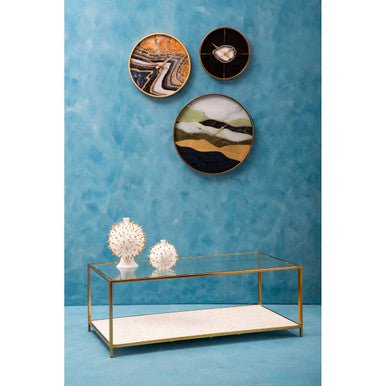Glass Top Coffee Table with White Terrazzo Effect Shelf and Gold Metal Frame, Novi - Joe’s Haven