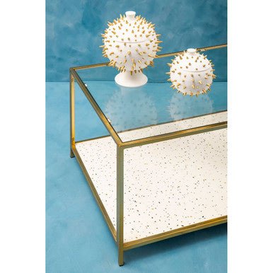 Glass Top Coffee Table with White Terrazzo Effect Shelf and Gold Metal Frame, Novi - Joe’s Haven