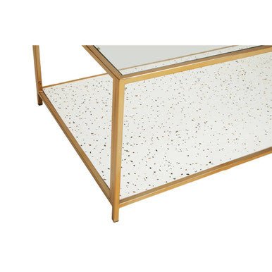 Glass Top Coffee Table with White Terrazzo Effect Shelf and Gold Metal Frame, Novi - Joe’s Haven