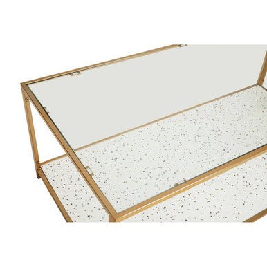 Glass Top Coffee Table with White Terrazzo Effect Shelf and Gold Metal Frame, Novi - Joe’s Haven