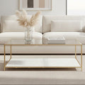 Glass Top Coffee Table with White Terrazzo Effect Shelf and Gold Metal Frame, Novi - Joe’s Haven
