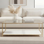 Glass Top Coffee Table with White Terrazzo Effect Shelf and Gold Metal Frame, Novi - Joe’s Haven