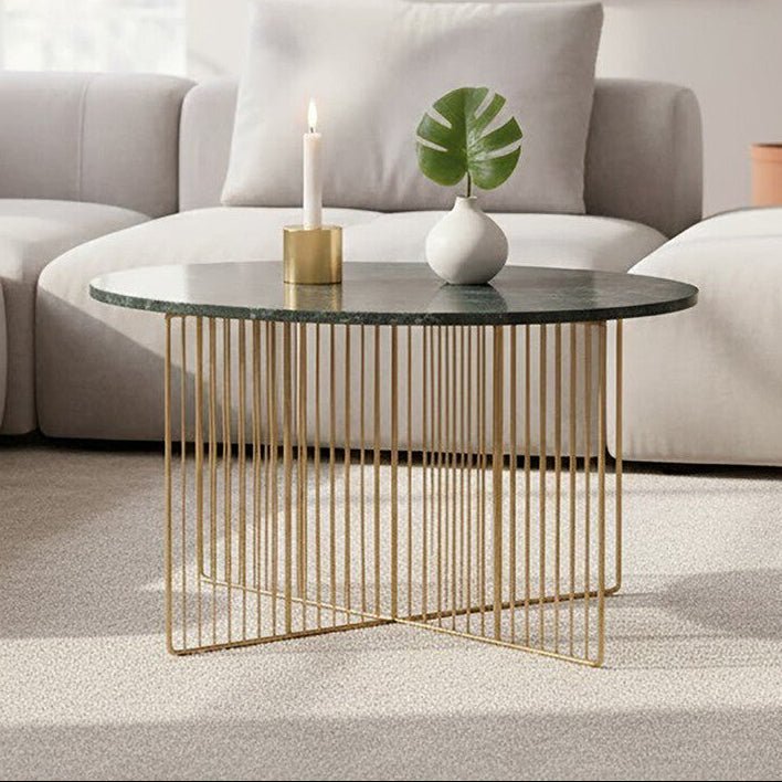 Green Round Marble Coffee Table with Gold Iron Rod Base, Nirav - Joe’s Haven