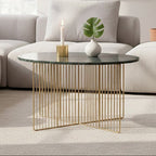 Green Round Marble Coffee Table with Gold Iron Rod Base, Nirav - Joe’s Haven