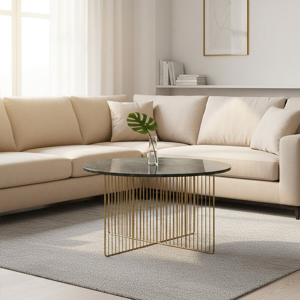 Green Round Marble Coffee Table with Gold Iron Rod Base, Nirav - Joe’s Haven