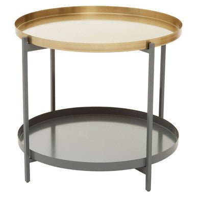 Matte Gold Metal Two Tier Coffee Table with Grey Enamel Shelves, Kobra - Joe’s Haven