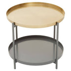 Matte Gold Metal Two Tier Coffee Table with Grey Enamel Shelves, Kobra - Joe’s Haven