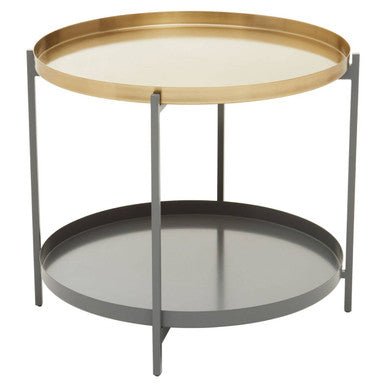 Matte Gold Metal Two Tier Coffee Table with Grey Enamel Shelves, Kobra - Joe’s Haven
