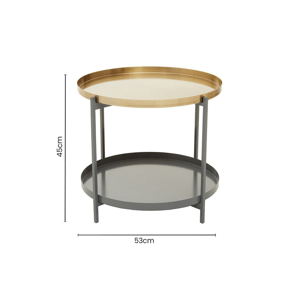 Matte Gold Metal Two Tier Coffee Table with Grey Enamel Shelves, Kobra - Joe’s Haven