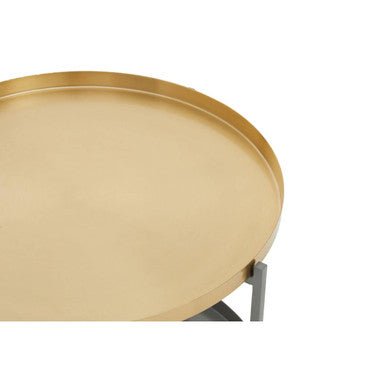 Matte Gold Metal Two Tier Coffee Table with Grey Enamel Shelves, Kobra - Joe’s Haven