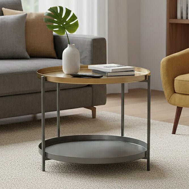 Matte Gold Metal Two Tier Coffee Table with Grey Enamel Shelves, Kobra - Joe’s Haven