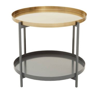 Matte Gold Metal Two Tier Coffee Table with Grey Enamel Shelves, Kobra - Joe’s Haven