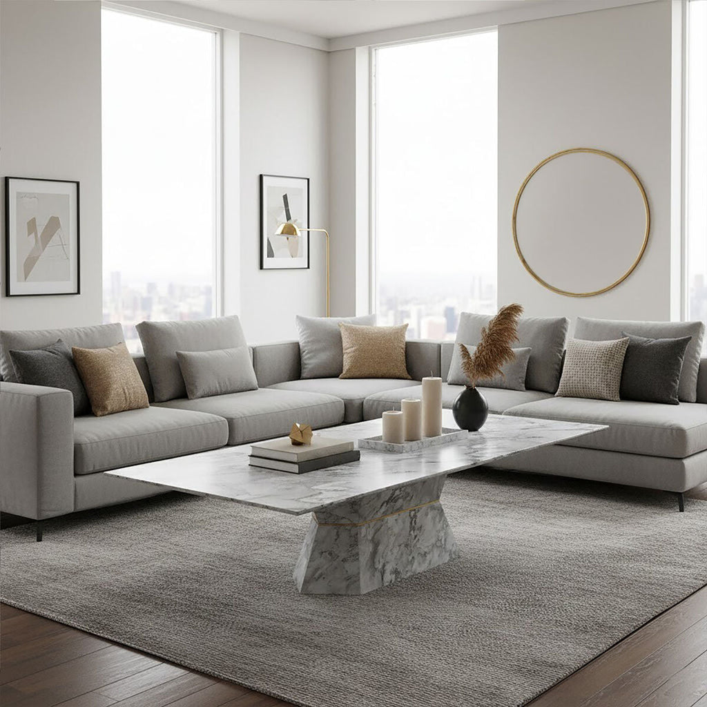 Grey Marble Coffee Table with Geometric Multifaceted Base and Natural Veining, Spezia - Joe’s Haven
