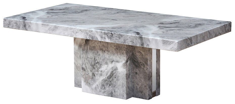 Grey Marble Top Coffee Table with Pedestal Base and Silver Metal Trim, Saronno - Joe’s Haven