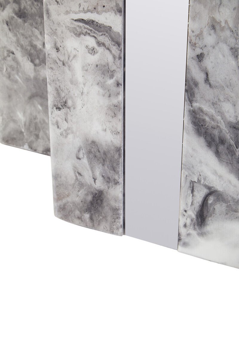 Grey Marble Top Coffee Table with Pedestal Base and Silver Metal Trim, Saronno - Joe’s Haven
