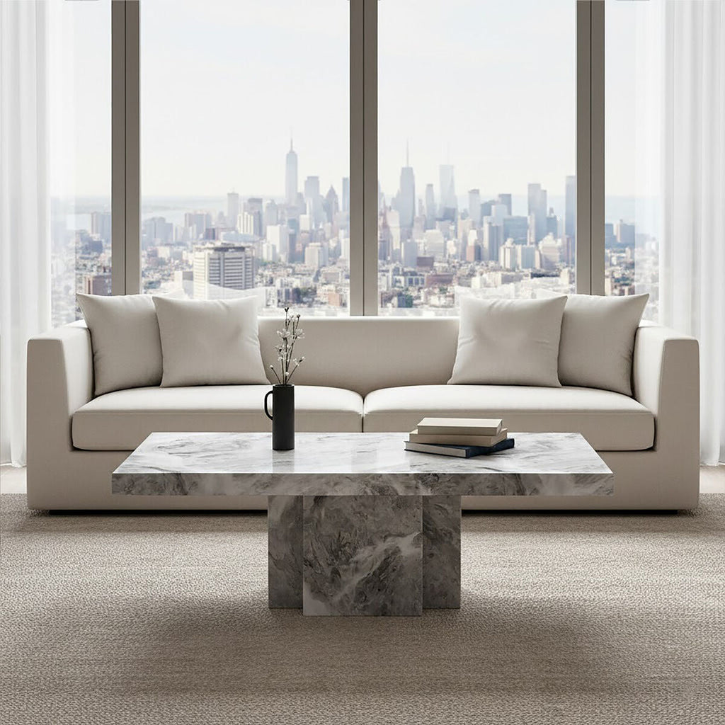 Grey Marble Top Coffee Table with Pedestal Base and Silver Metal Trim, Saronno - Joe’s Haven