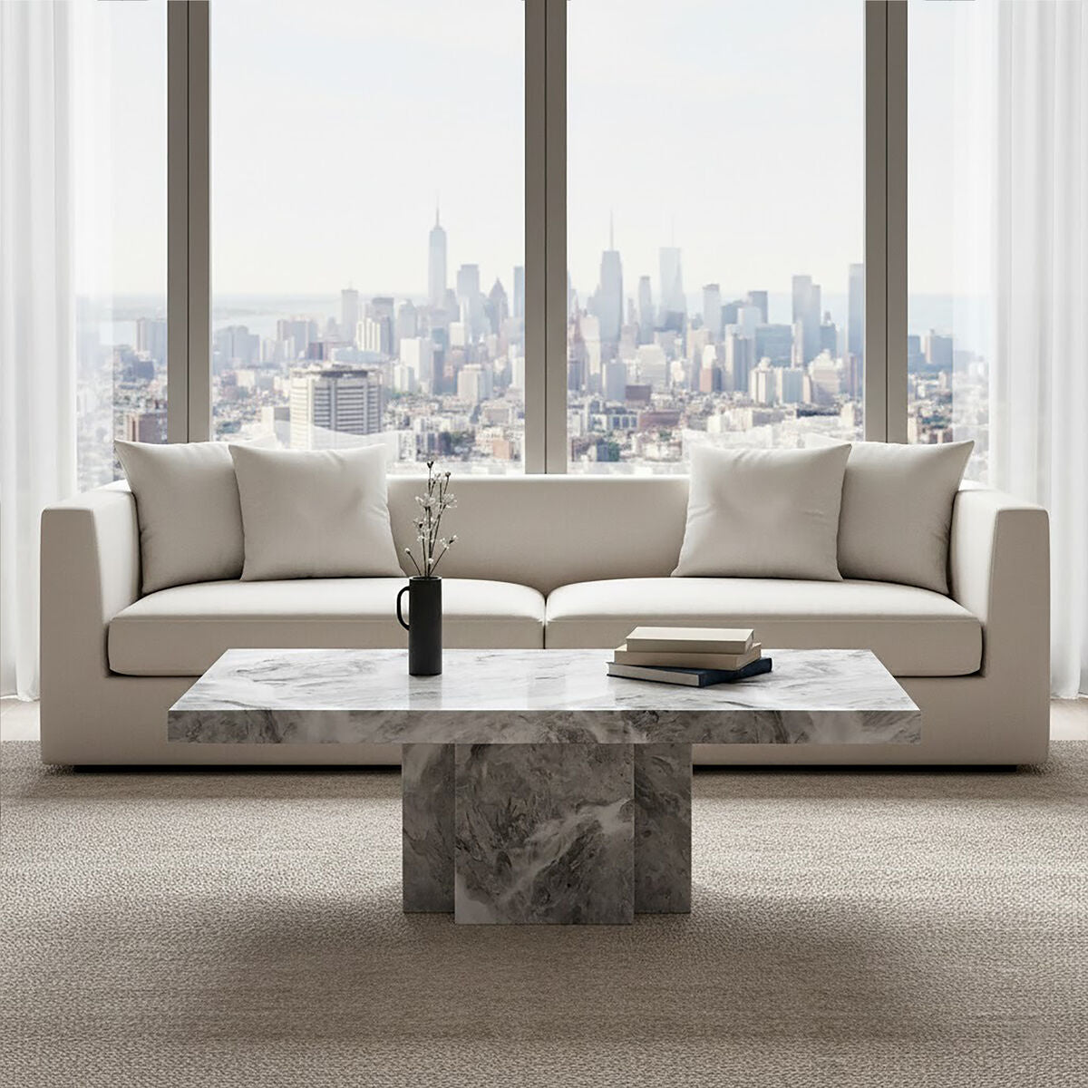 Grey Marble Top Coffee Table with Pedestal Base and Silver Metal Trim, Saronno - Joe’s Haven