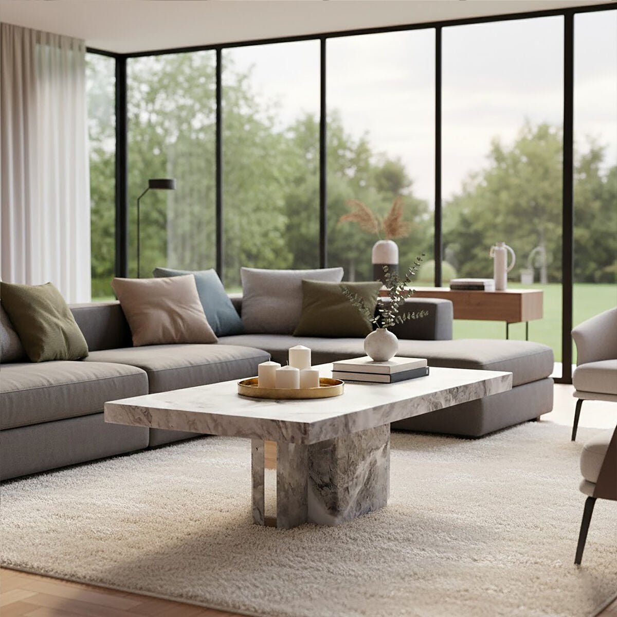 Grey Marble Top Coffee Table with Pedestal Base and Silver Metal Trim, Saronno - Joe’s Haven