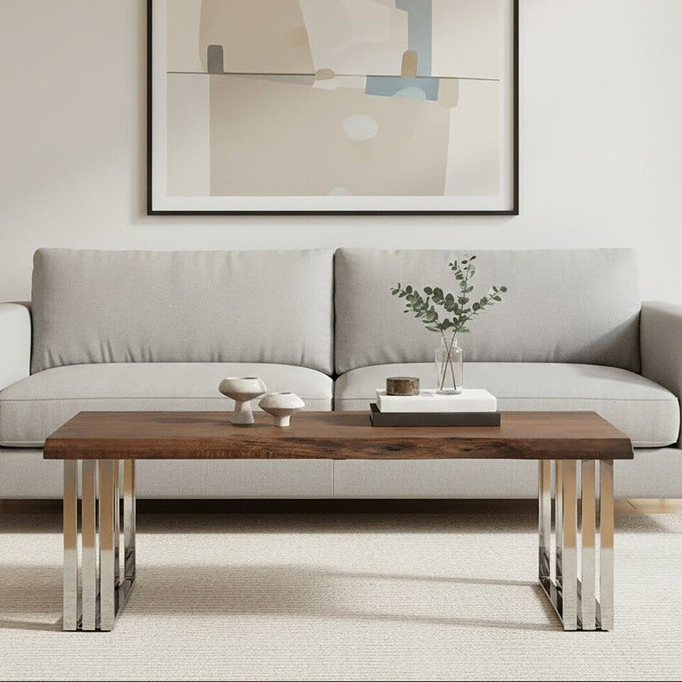 Natural Wood Top Coffee Table with Silver Stainless Steel Looped Base, Hampstead - Joe’s Haven