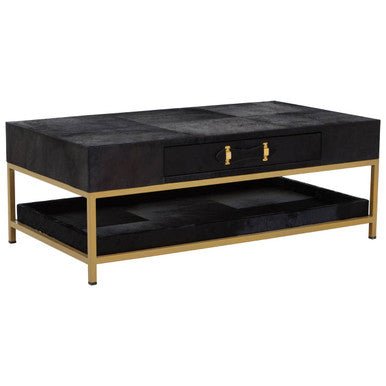 Black Hair - On - Hide Leather Coffee Table with Gold Metal Frame and Storage Drawer, Kensington Townhouse - Joe’s Haven