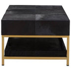 Black Hair - On - Hide Leather Coffee Table with Gold Metal Frame and Storage Drawer, Kensington Townhouse - Joe’s Haven