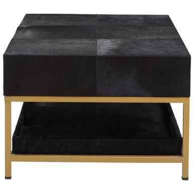Black Hair - On - Hide Leather Coffee Table with Gold Metal Frame and Storage Drawer, Kensington Townhouse - Joe’s Haven