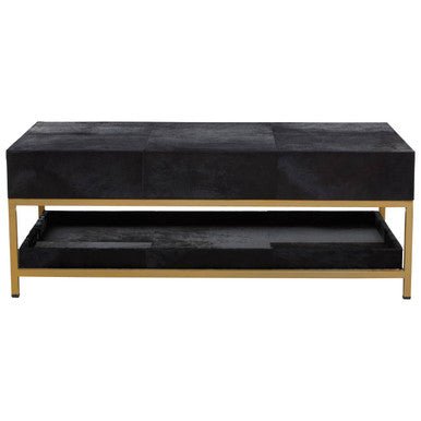 Black Hair - On - Hide Leather Coffee Table with Gold Metal Frame and Storage Drawer, Kensington Townhouse - Joe’s Haven