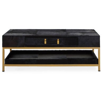 Black Hair - On - Hide Leather Coffee Table with Gold Metal Frame and Storage Drawer, Kensington Townhouse - Joe’s Haven