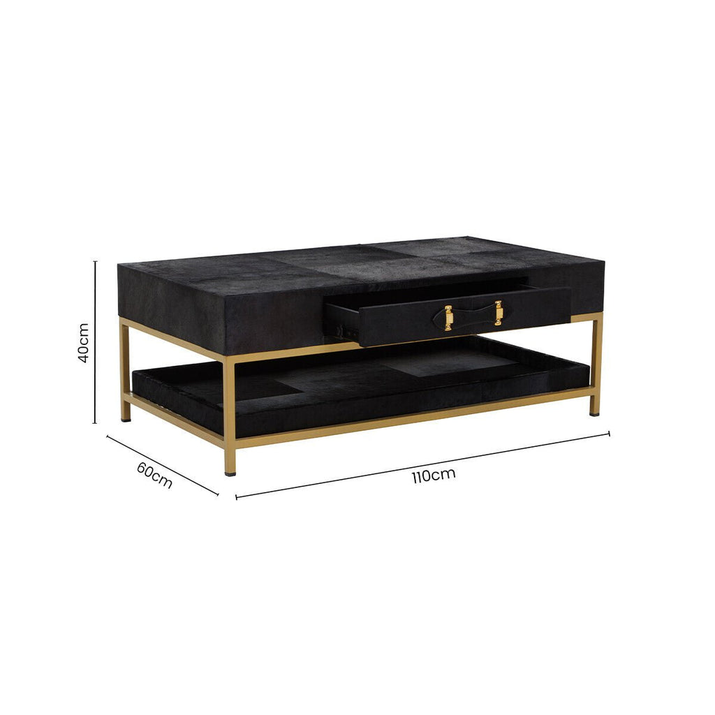 Black Hair - On - Hide Leather Coffee Table with Gold Metal Frame and Storage Drawer, Kensington Townhouse - Joe’s Haven