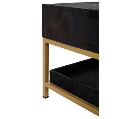 Black Hair - On - Hide Leather Coffee Table with Gold Metal Frame and Storage Drawer, Kensington Townhouse - Joe’s Haven