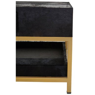 Black Hair - On - Hide Leather Coffee Table with Gold Metal Frame and Storage Drawer, Kensington Townhouse - Joe’s Haven