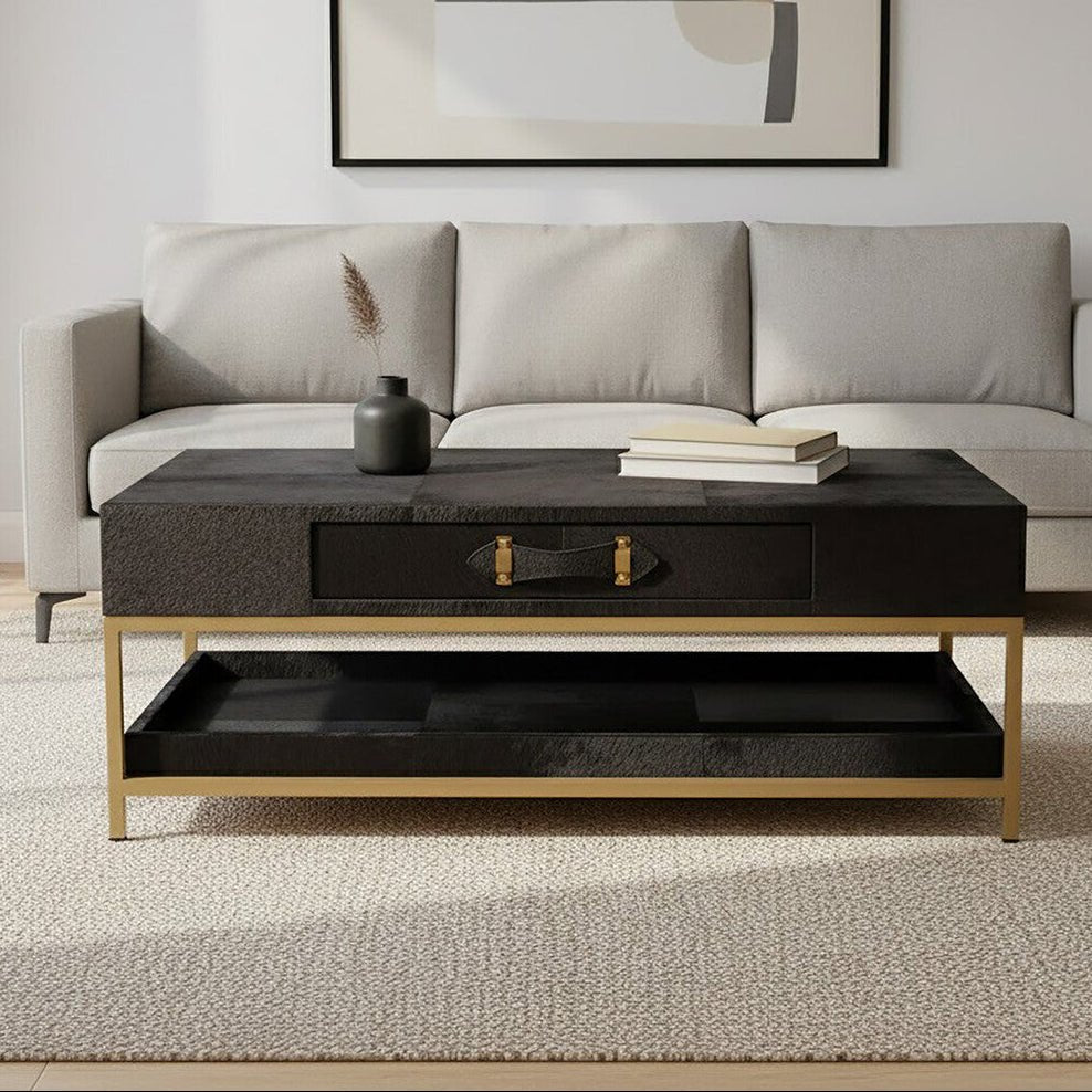 Black Hair - On - Hide Leather Coffee Table with Gold Metal Frame and Storage Drawer, Kensington Townhouse - Joe’s Haven