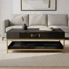 Black Hair - On - Hide Leather Coffee Table with Gold Metal Frame and Storage Drawer, Kensington Townhouse - Joe’s Haven