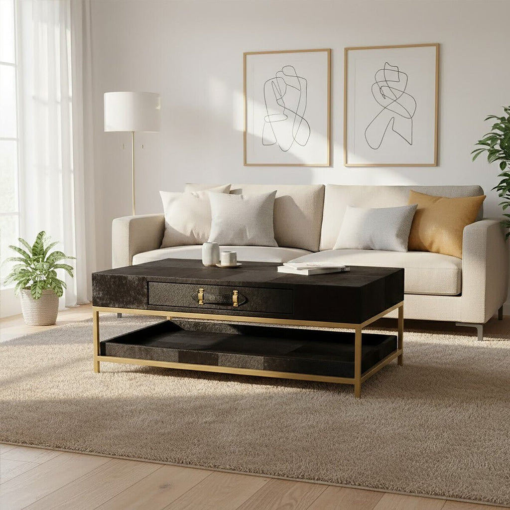 Black Hair - On - Hide Leather Coffee Table with Gold Metal Frame and Storage Drawer, Kensington Townhouse - Joe’s Haven