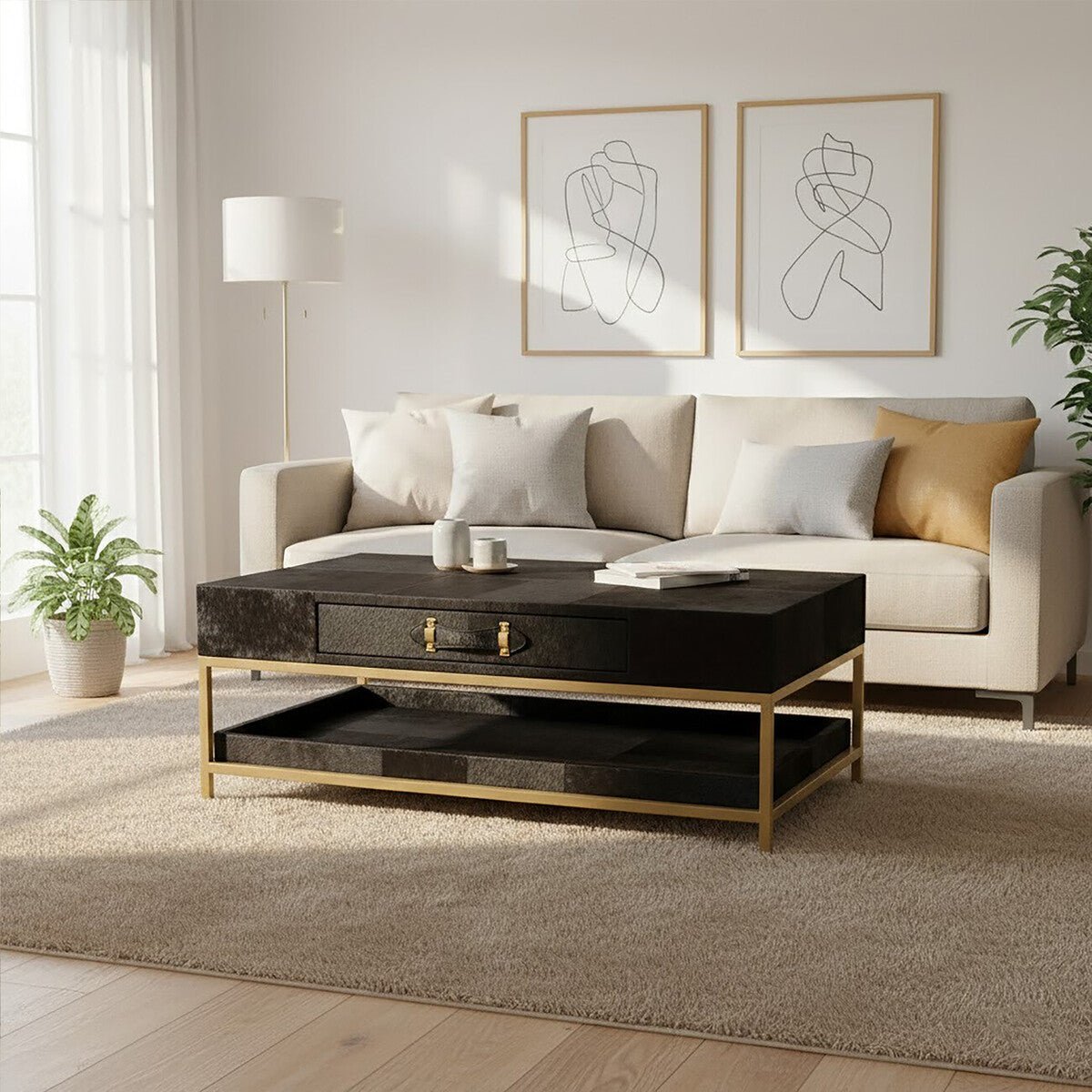 Black Hair - On - Hide Leather Coffee Table with Gold Metal Frame and Storage Drawer, Kensington Townhouse - Joe’s Haven
